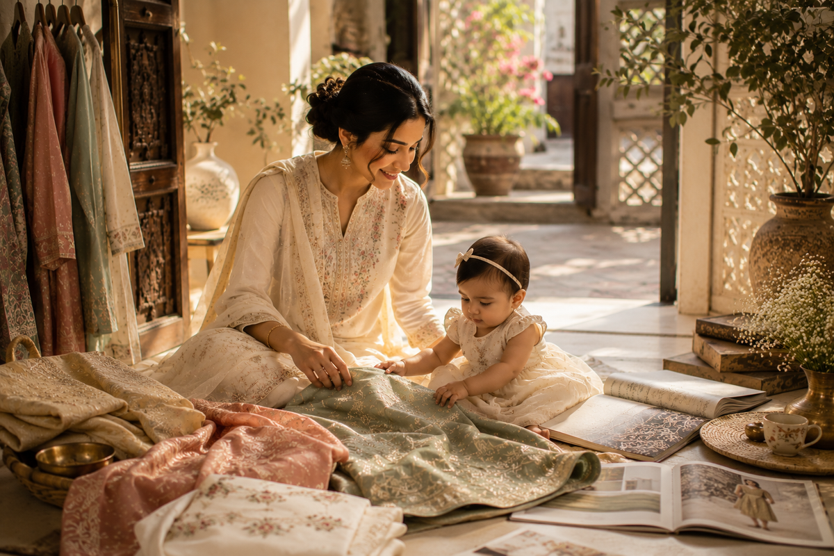 Young mother and baby daughter sharing a quiet moment with embroidered fabrics, reflecting Sutrisha's story and care for quality