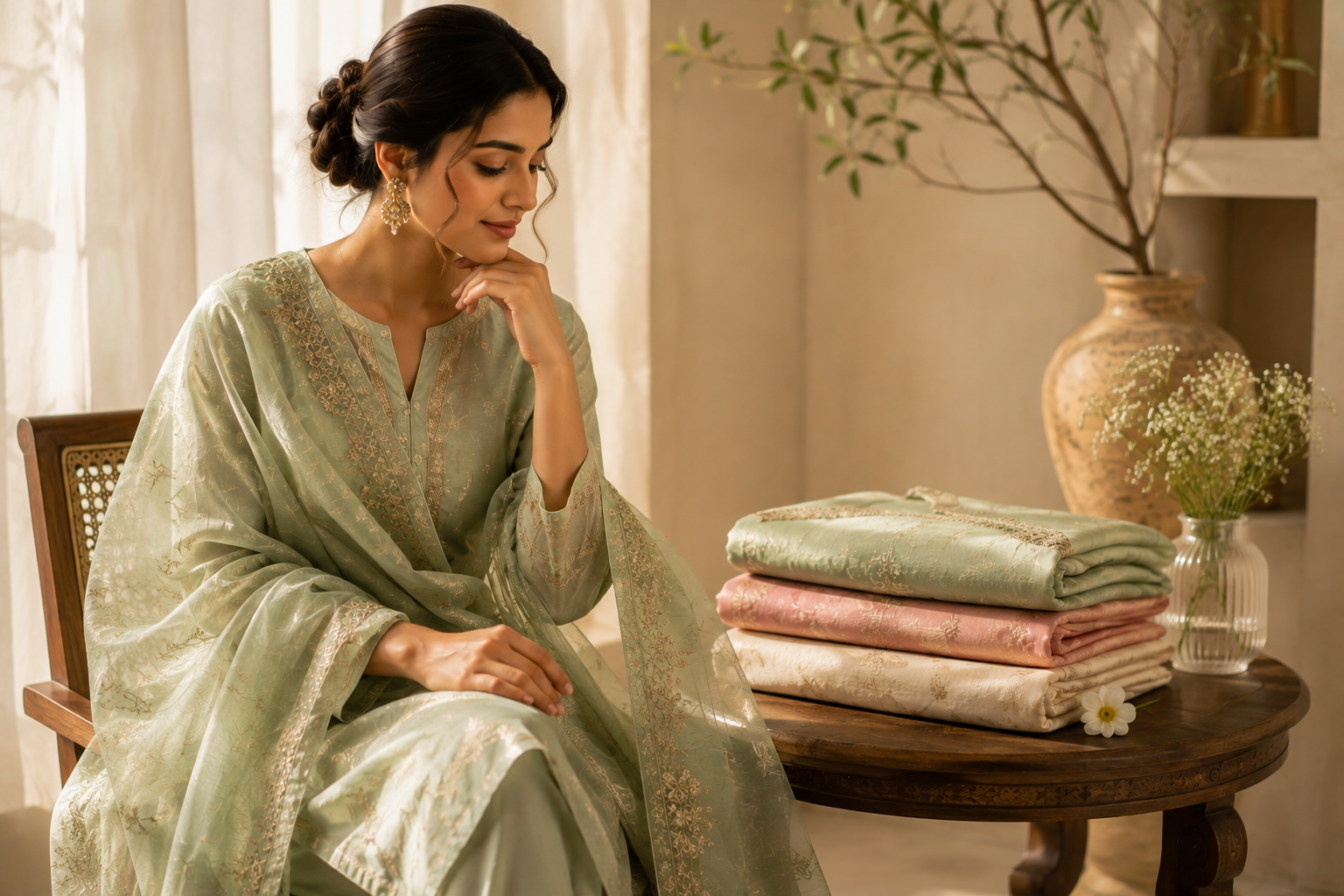 Elegant Indian ethnic wear in a light Chanderi-style fabric beside folded fabrics