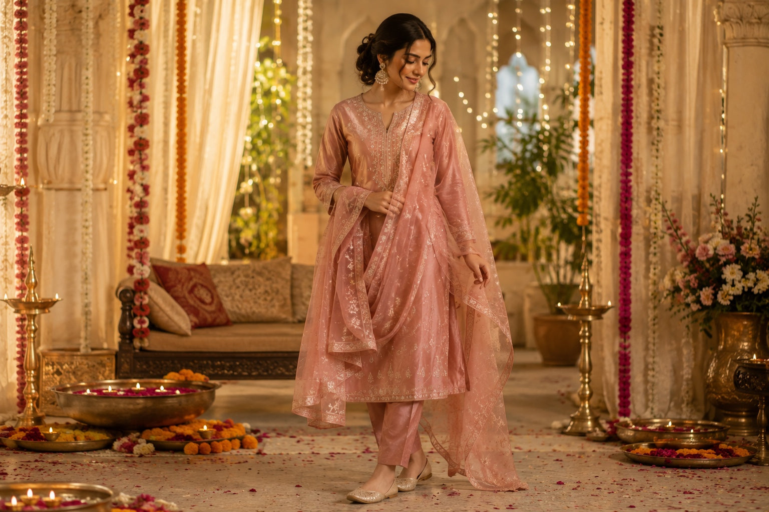 Woman wearing an elegant pink suit set at a festive Indian celebration