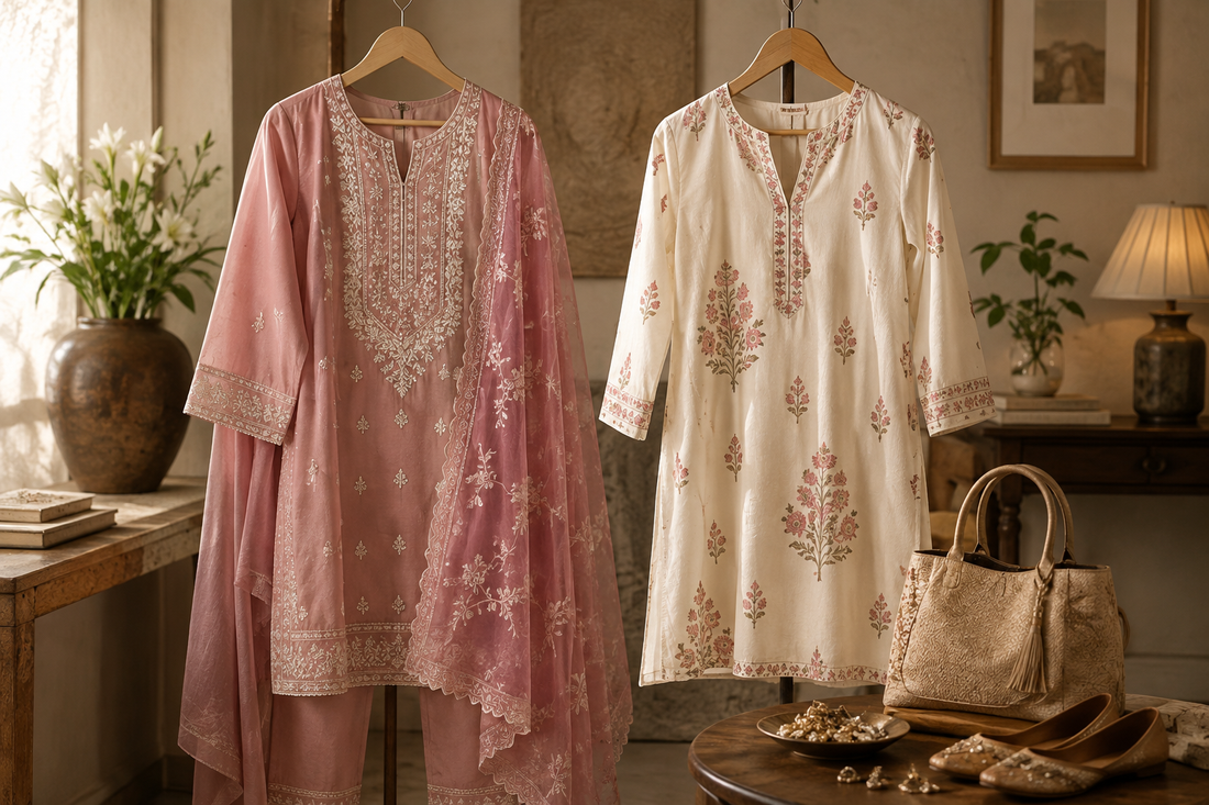 Suit set and kurti styled side by side for choosing ethnic wear by occasion