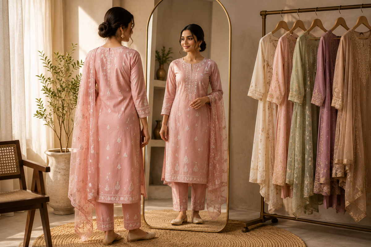 Woman checking the fit and drape of a kurta set in a mirror
