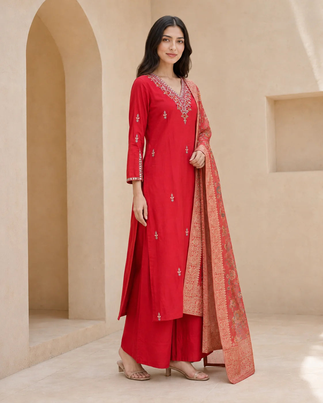 A woman models a traditional red Indian salwar kameez suit with silver embroidery and a peach dupatta, set against a beige architectural background with arches.