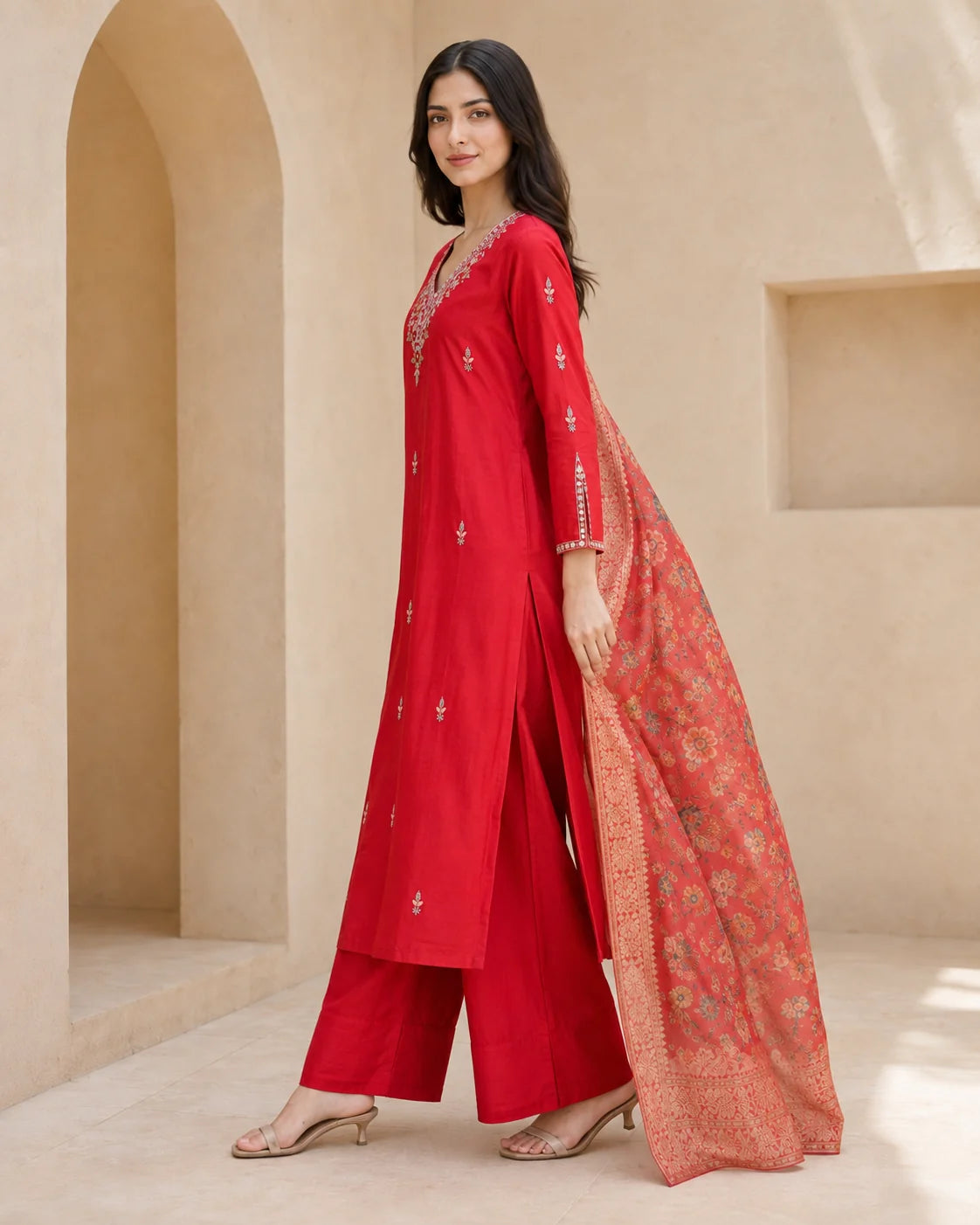 A woman modeling a red Indian ethnic suit with matching red pants and a peach-orange patterned dupatta, standing in a beige architectural setting.