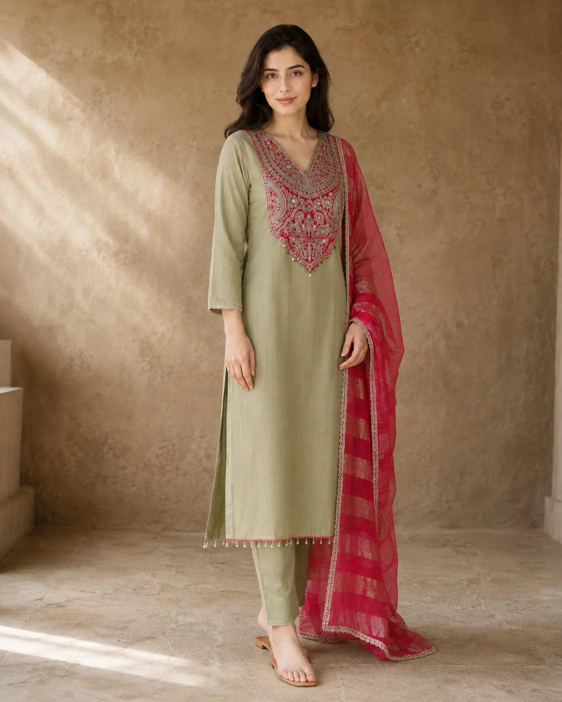 A woman models a traditional Indian salwar kameez suit set in a warm, textured studio setting. The set includes an olive green kurta with a heavily embroidered pink and gold neckline, matching olive green trousers, and a bright pink dupatta with gold stripes.
