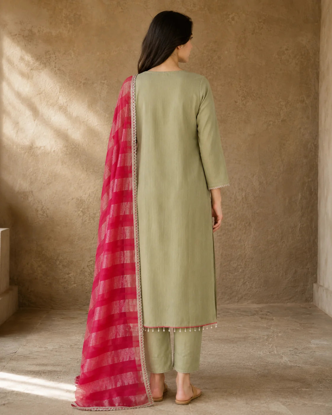 A woman stands with her back to the camera wearing a light sage green three-piece salwar kameez suit with a bright pink and gold striped dupatta, set against a textured beige wall.