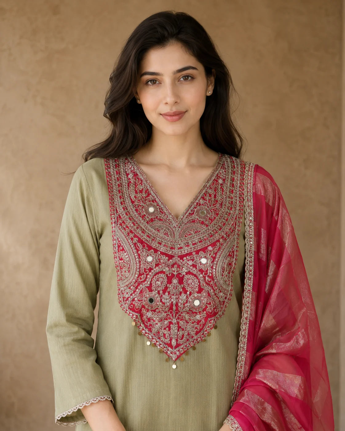 A woman modeling a traditional olive green kurta with elaborate red and gold embroidery on the V-neck, paired with a sheer pink dupatta, set against a textured beige background.