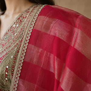A close-up of a red and pink checkered saree with a gold embroidered border and mirror work, worn by a model.