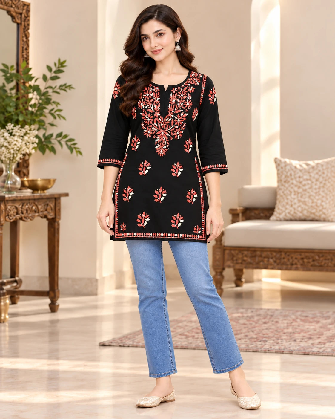 A woman models a black kurta with red and orange floral embroidery, paired with light blue jeans and beige flat shoes, set in a beautifully decorated indoor room.