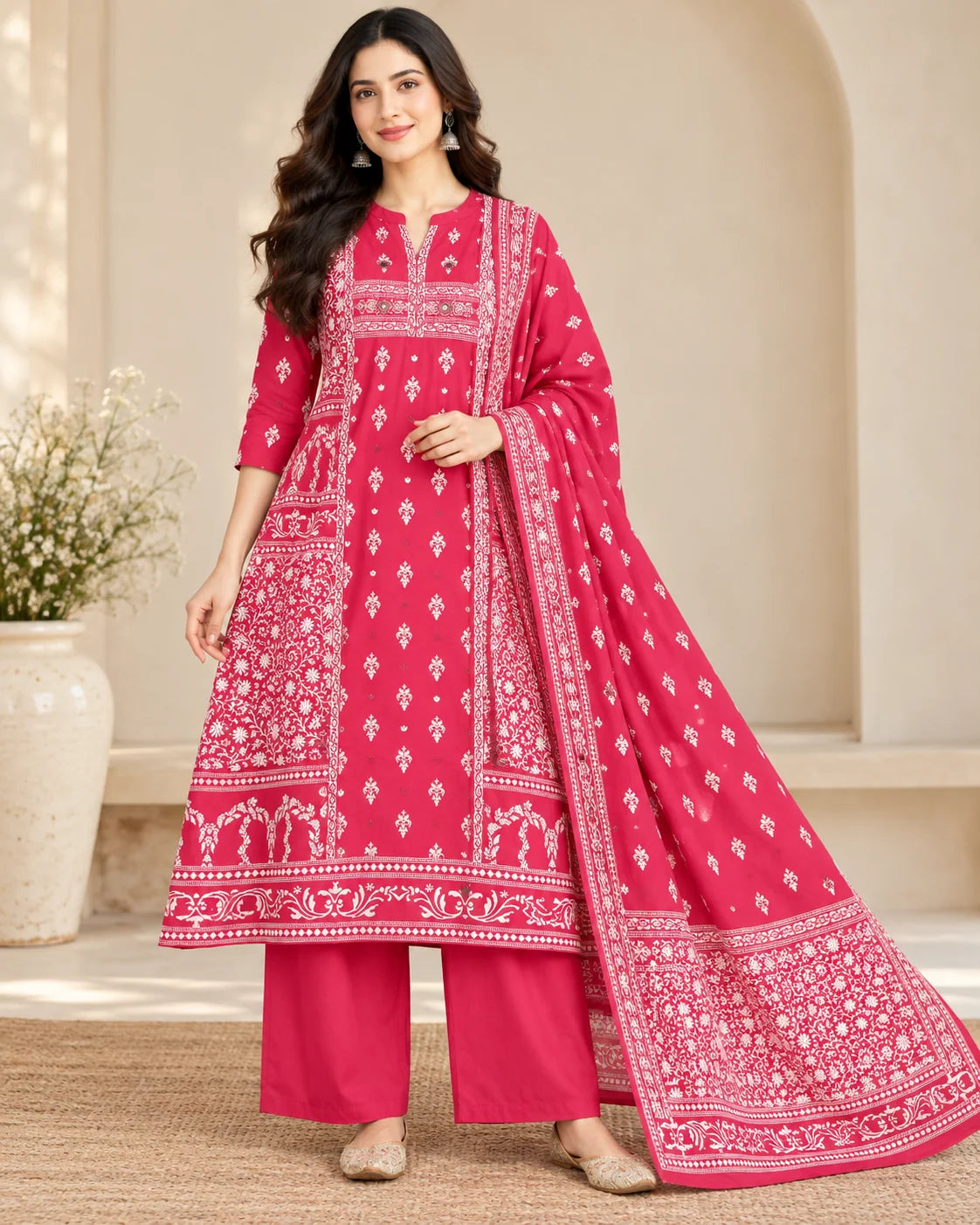 Raspberry Pink Floral Printed Cotton A-Line Kurta Palazzo Set with Dupatta & Mirror Work
