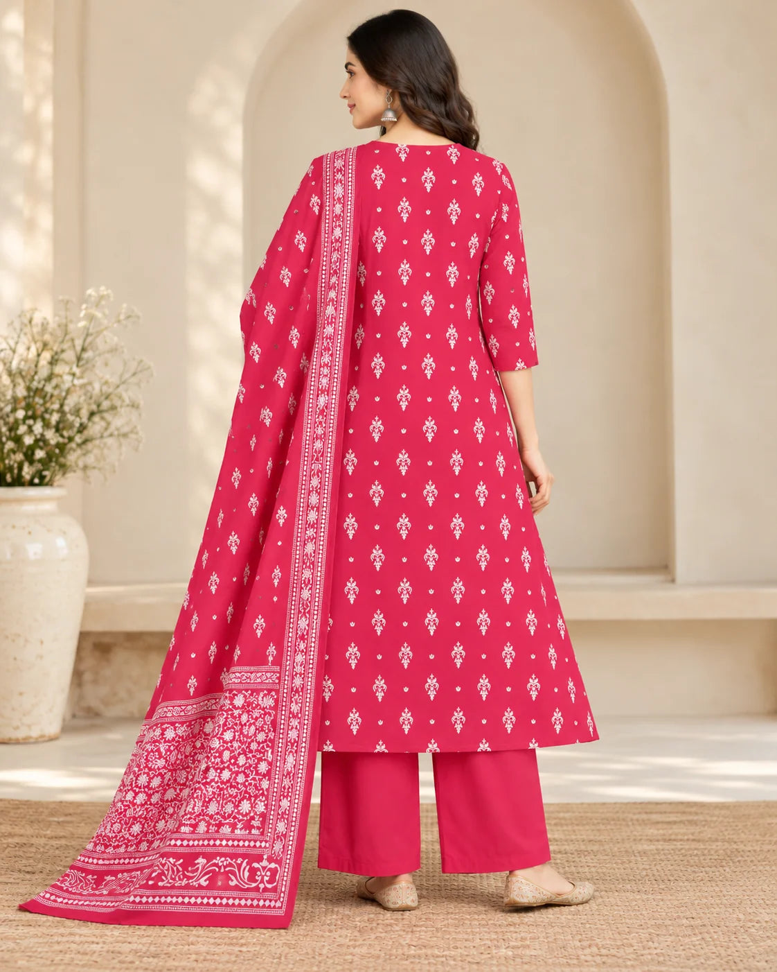 Raspberry Pink Floral Printed Cotton A-Line Kurta Palazzo Set with Dupatta & Mirror Work