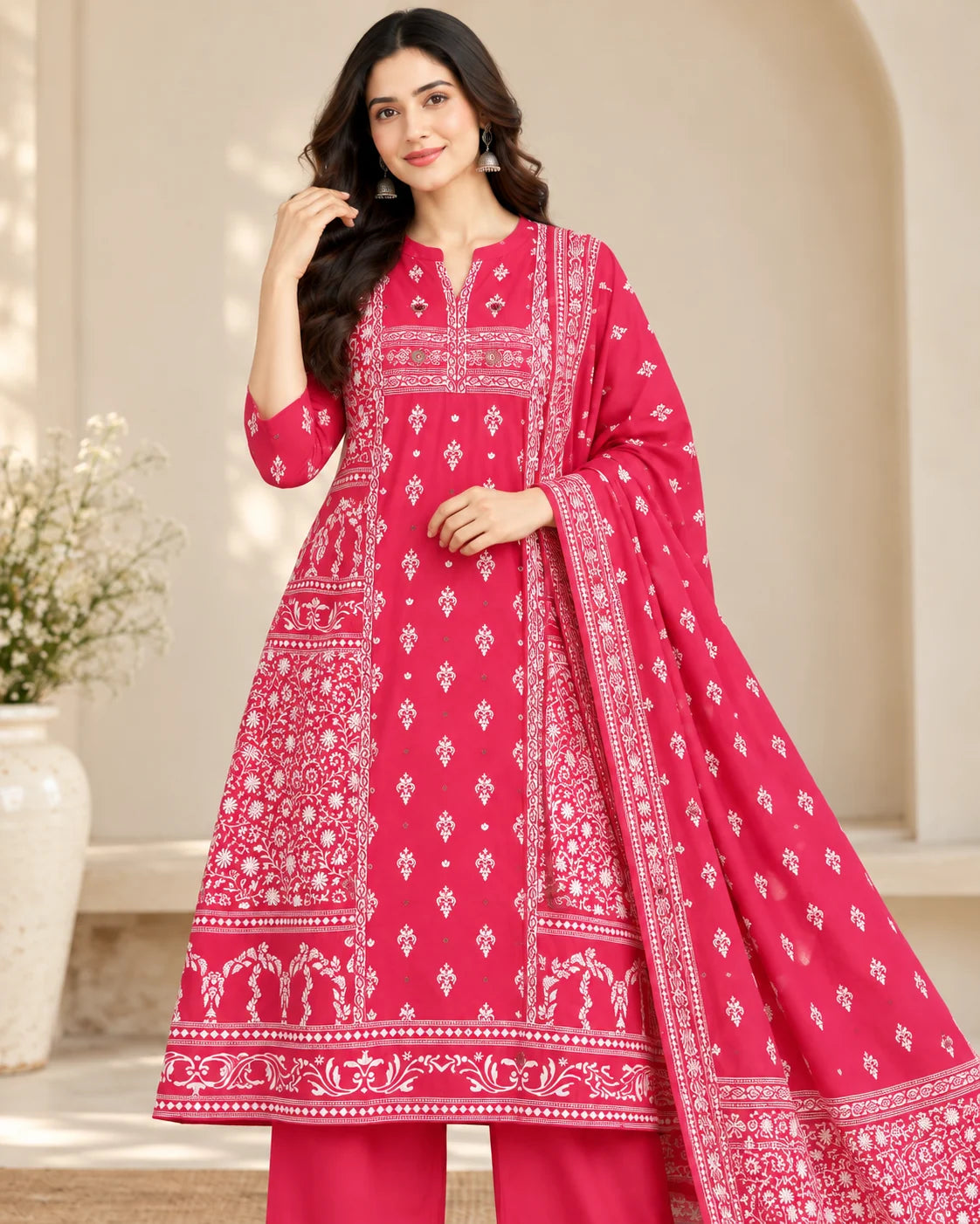 Raspberry Pink Floral Printed Cotton A-Line Kurta Palazzo Set with Dupatta & Mirror Work