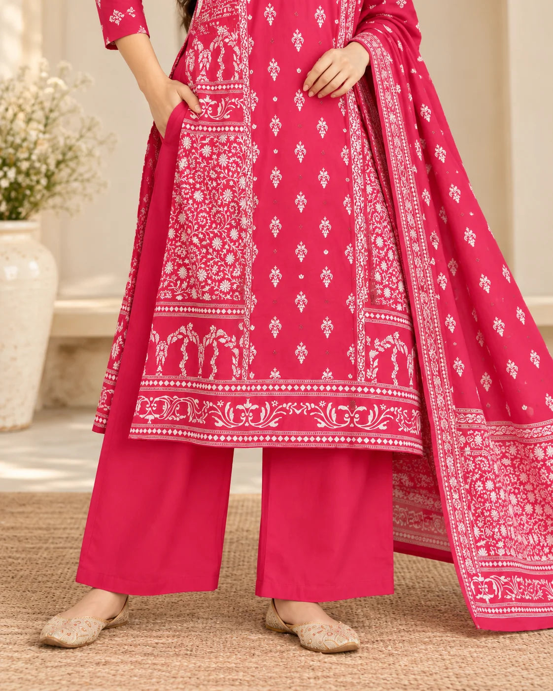 Raspberry Pink Floral Printed Cotton A-Line Kurta Palazzo Set with Dupatta & Mirror Work