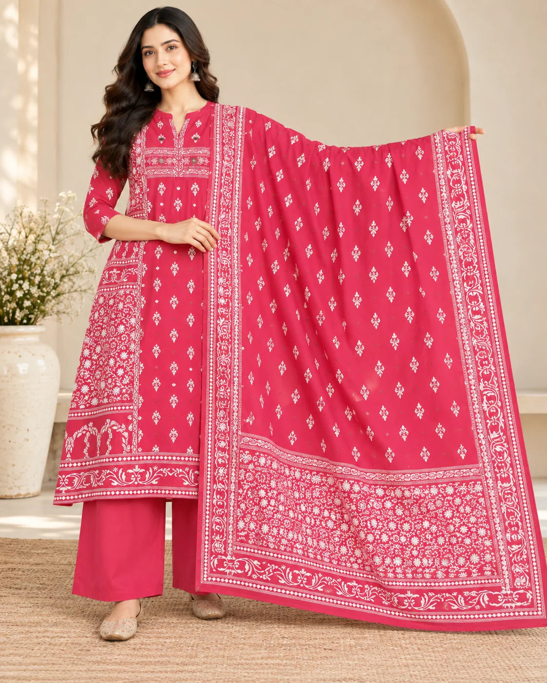 Raspberry Pink Floral Printed Cotton A-Line Kurta Palazzo Set with Dupatta & Mirror Work