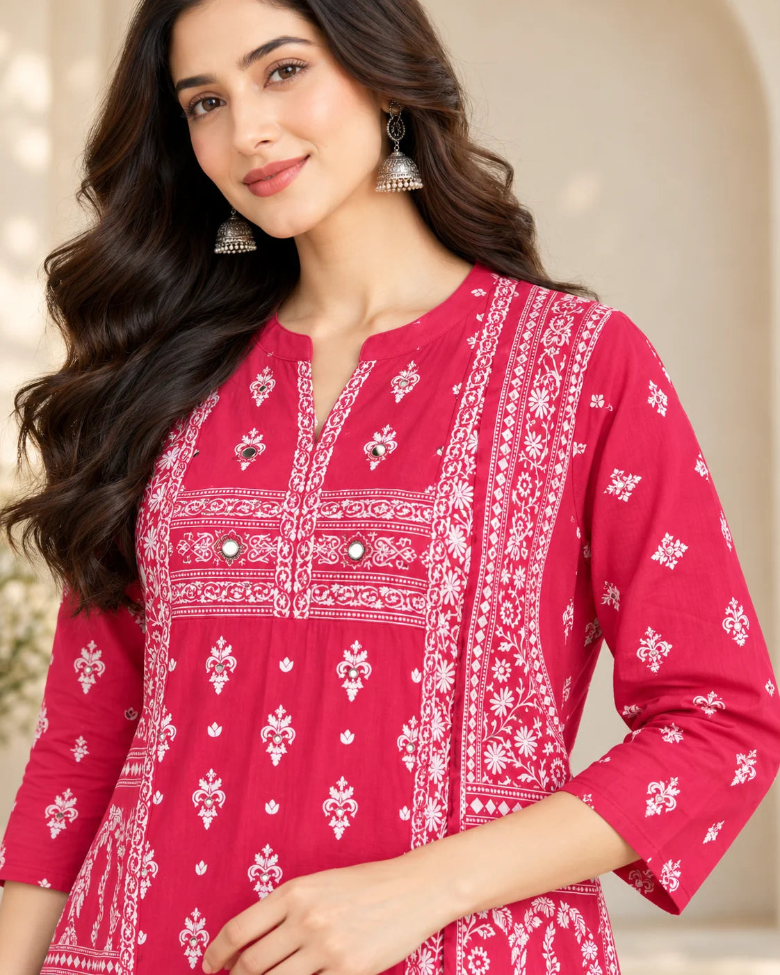 Raspberry Pink Floral Printed Cotton A-Line Kurta Palazzo Set with Dupatta & Mirror Work