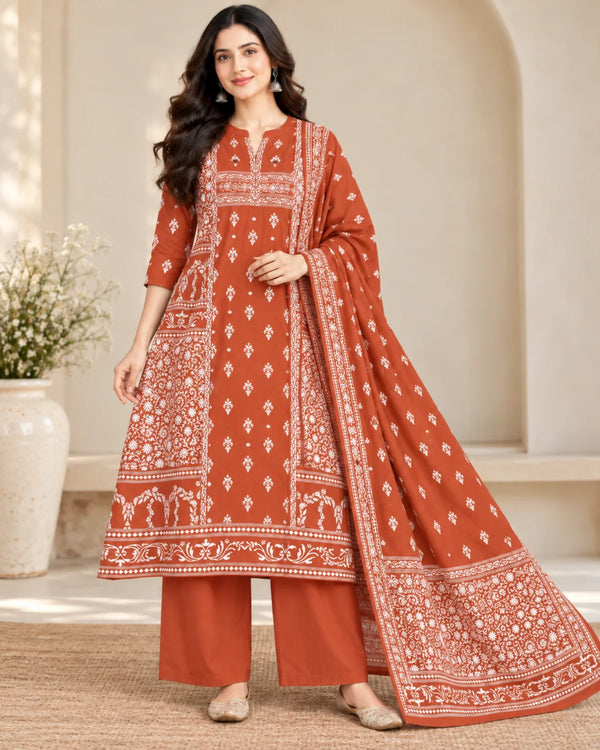 Rust Orange Floral Printed Cotton A-Line Kurta Palazzo Set with Dupatta & Mirror Work