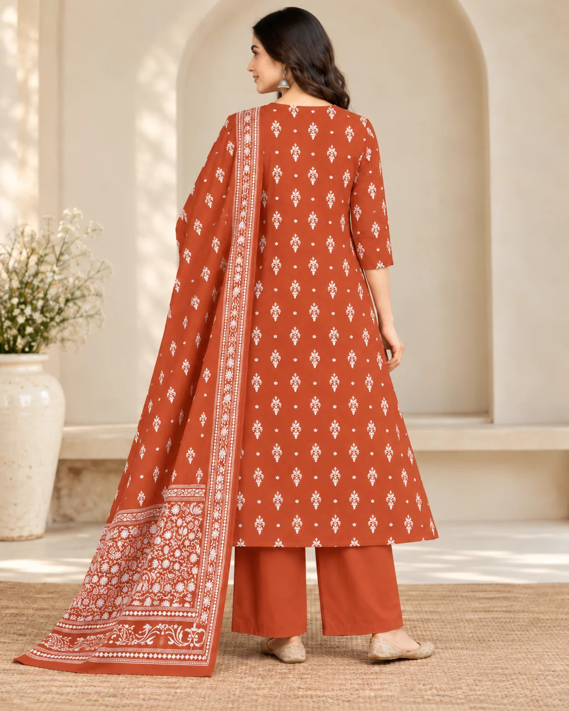 Rust Orange Floral Printed Cotton A-Line Kurta Palazzo Set with Dupatta & Mirror Work