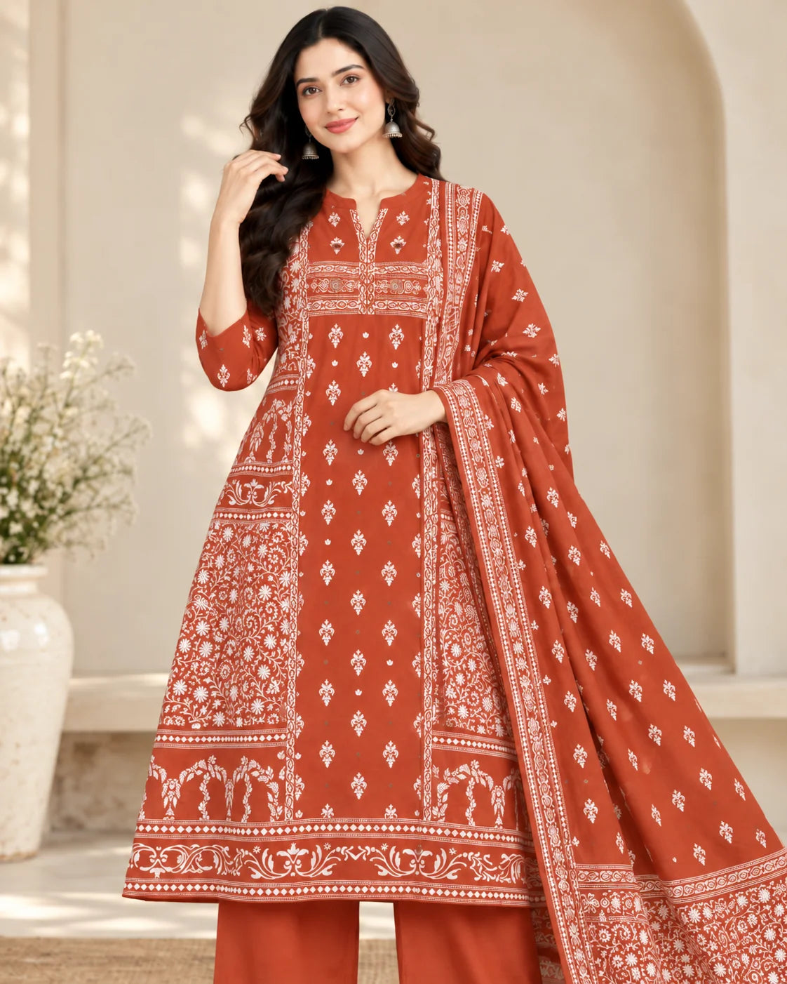 Rust Orange Floral Printed Cotton A-Line Kurta Palazzo Set with Dupatta & Mirror Work