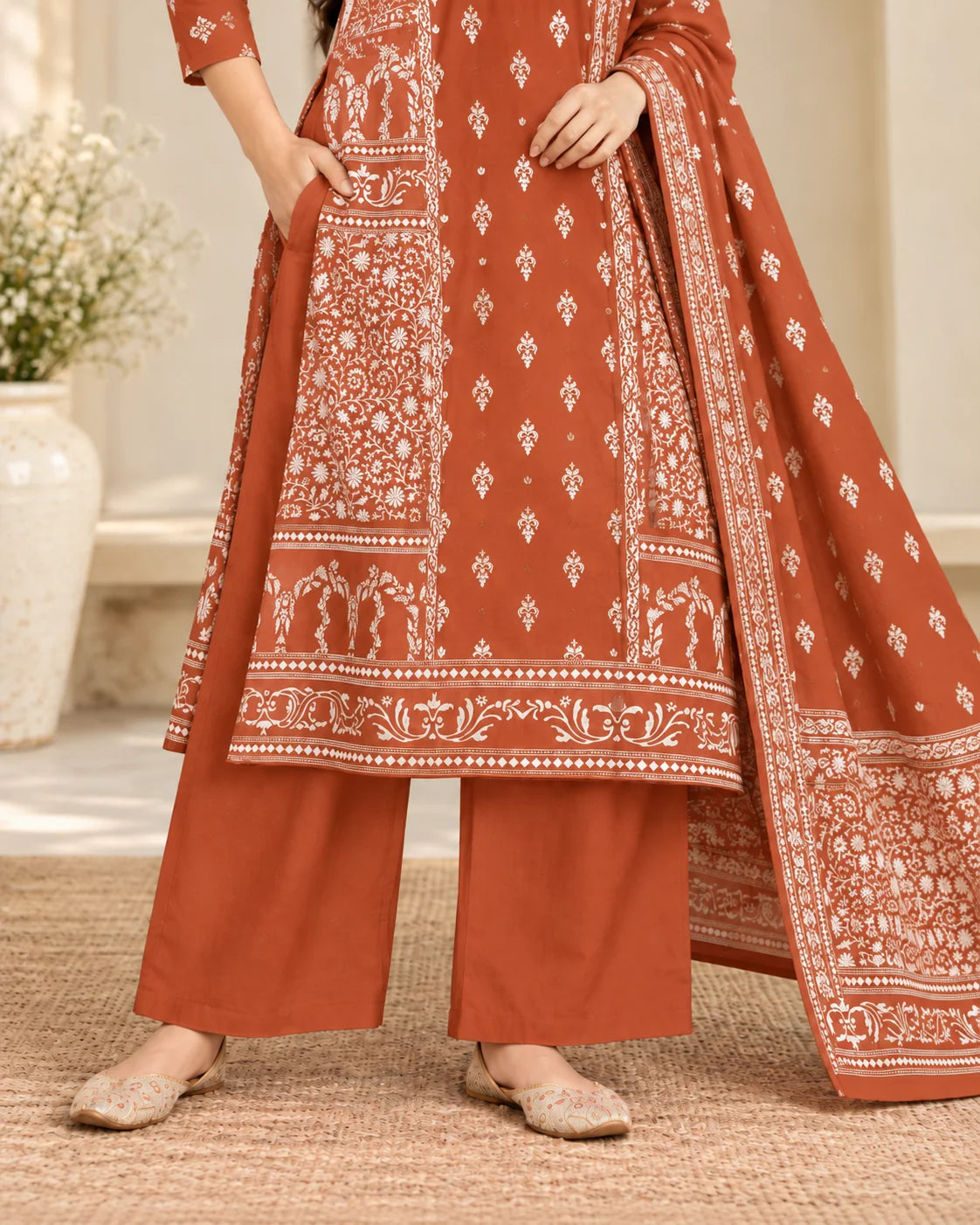 Rust Orange Floral Printed Cotton A-Line Kurta Palazzo Set with Dupatta & Mirror Work