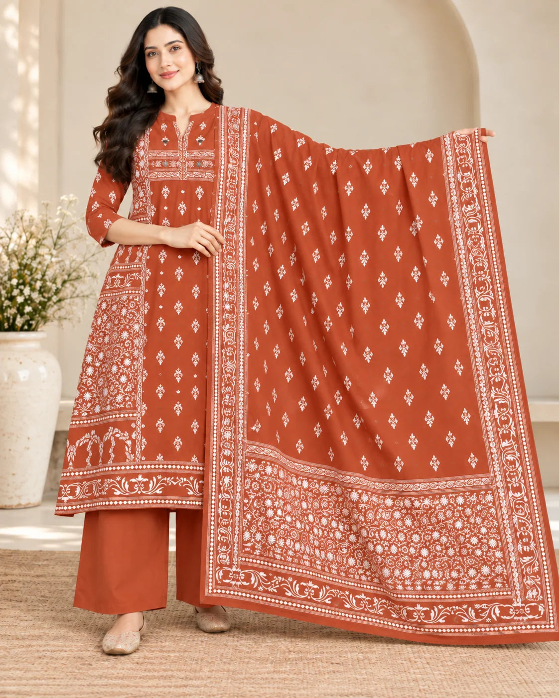 Rust Orange Floral Printed Cotton A-Line Kurta Palazzo Set with Dupatta & Mirror Work