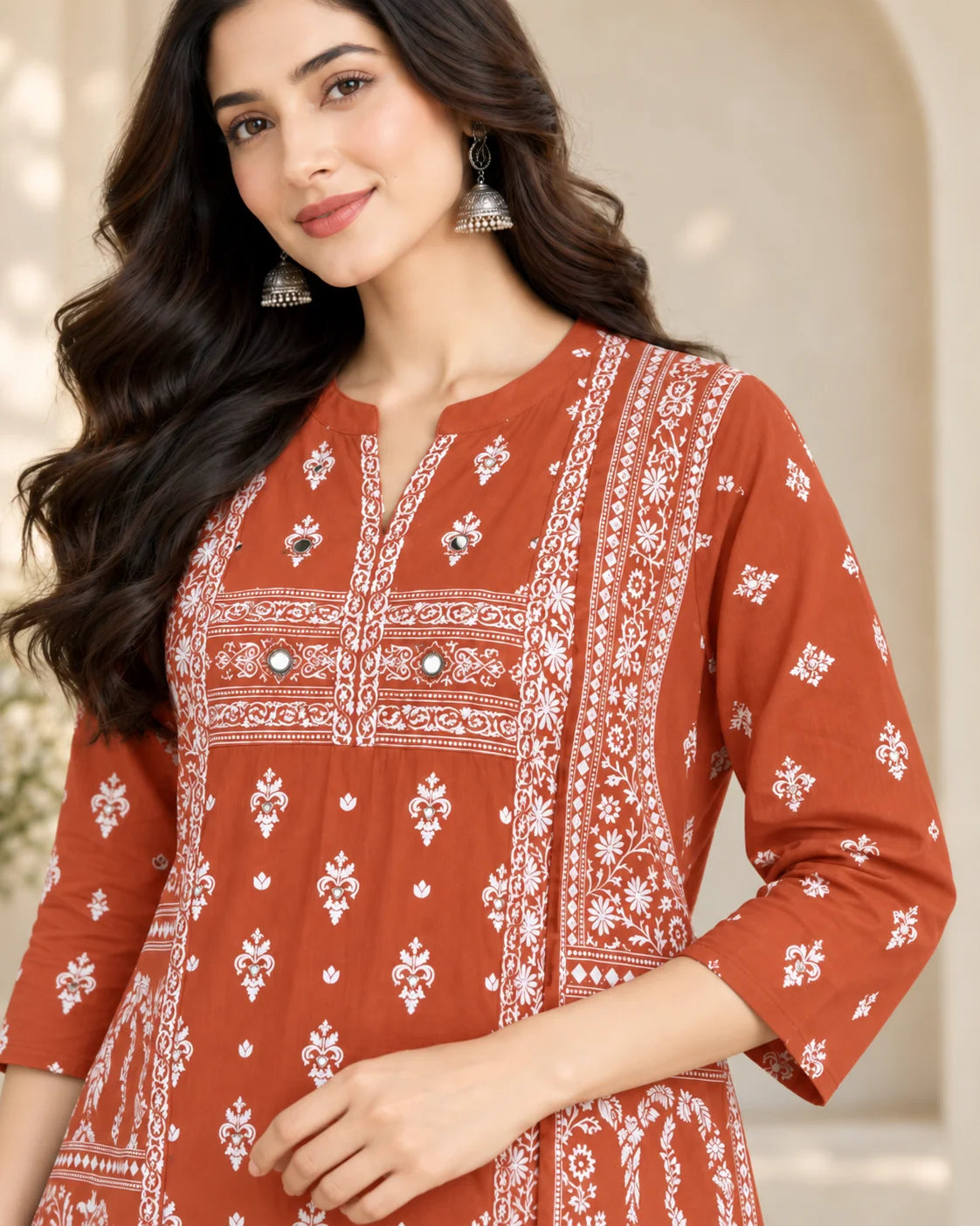 Rust Orange Floral Printed Cotton A-Line Kurta Palazzo Set with Dupatta & Mirror Work