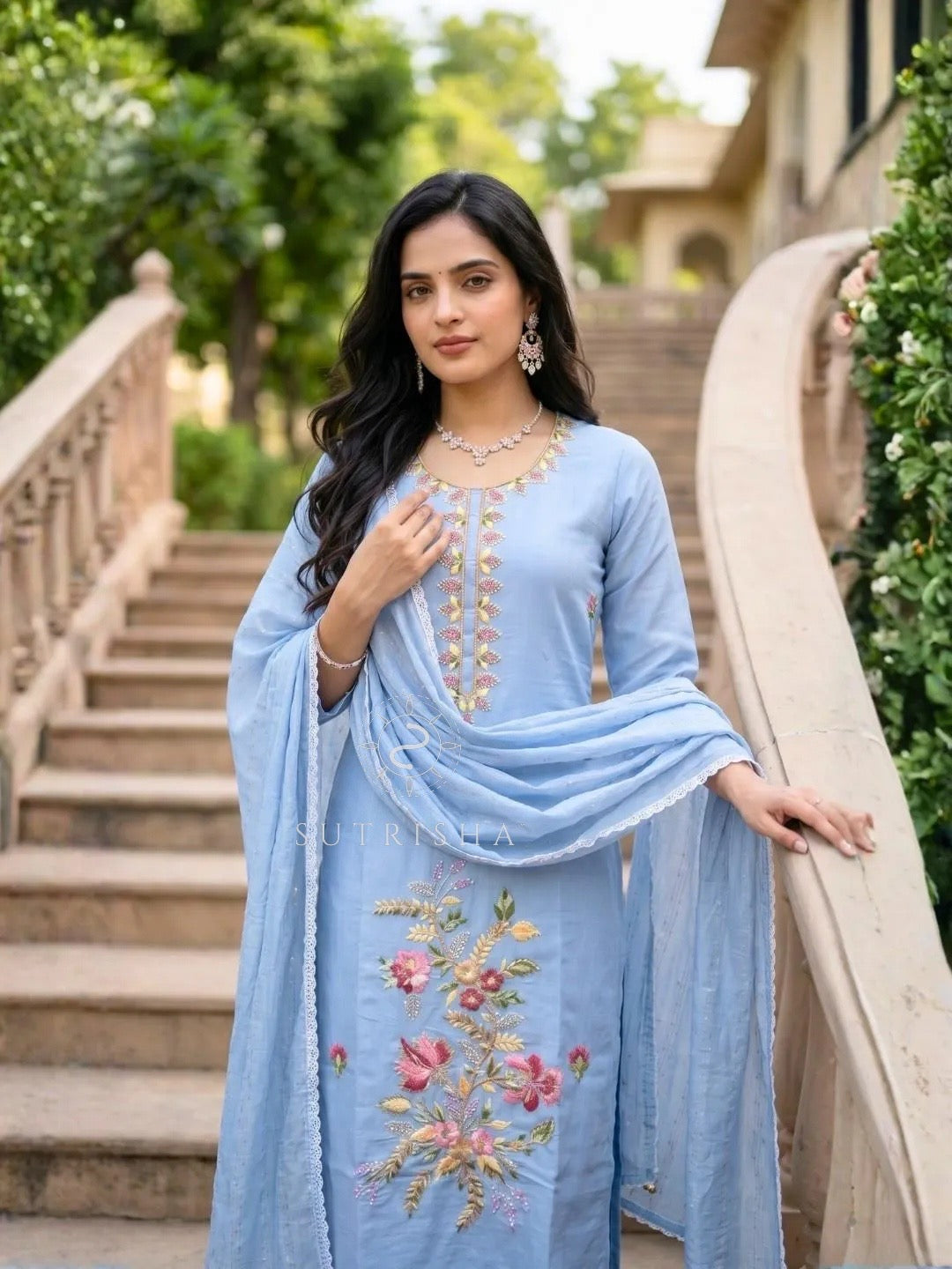 Sky Blue Roman Silk Embroidered Kurta Pant Set with Dupatta