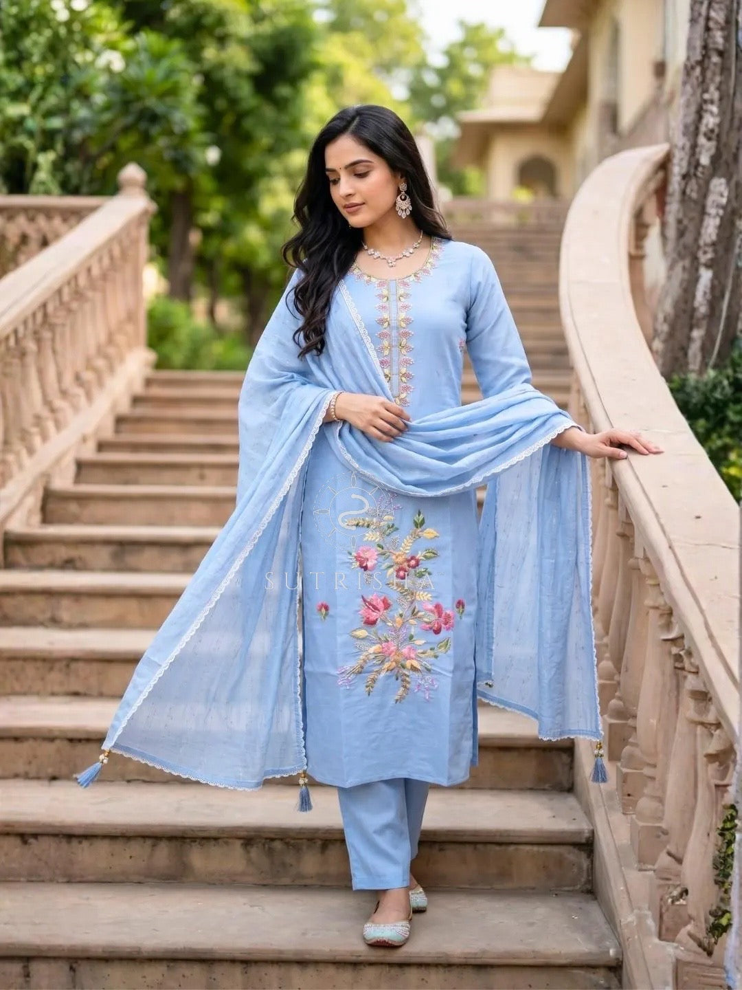 Sky Blue Roman Silk Embroidered Kurta Pant Set with Dupatta