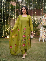 Olive Green Mul Chanderi Kurta Pant Set with Dupatta