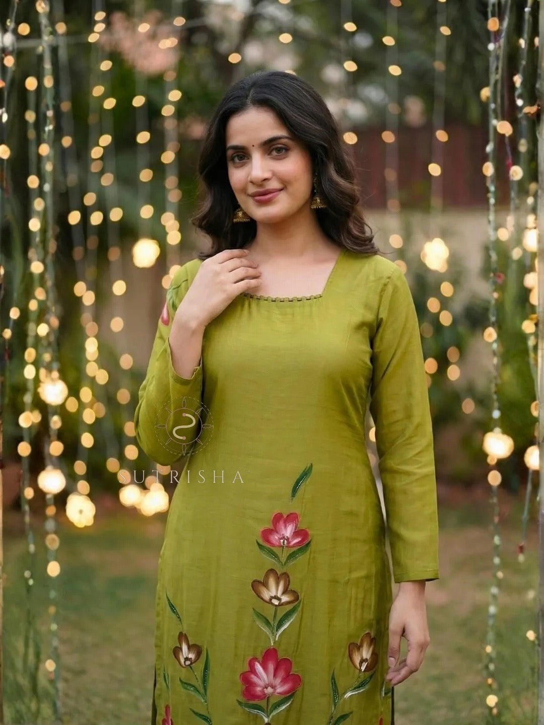 Olive Green Mul Chanderi Kurta Pant Set with Dupatta