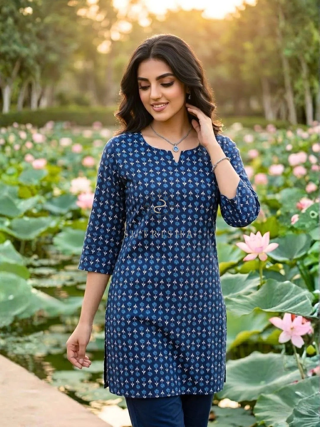 Navy Blue Printed Cotton Kurti