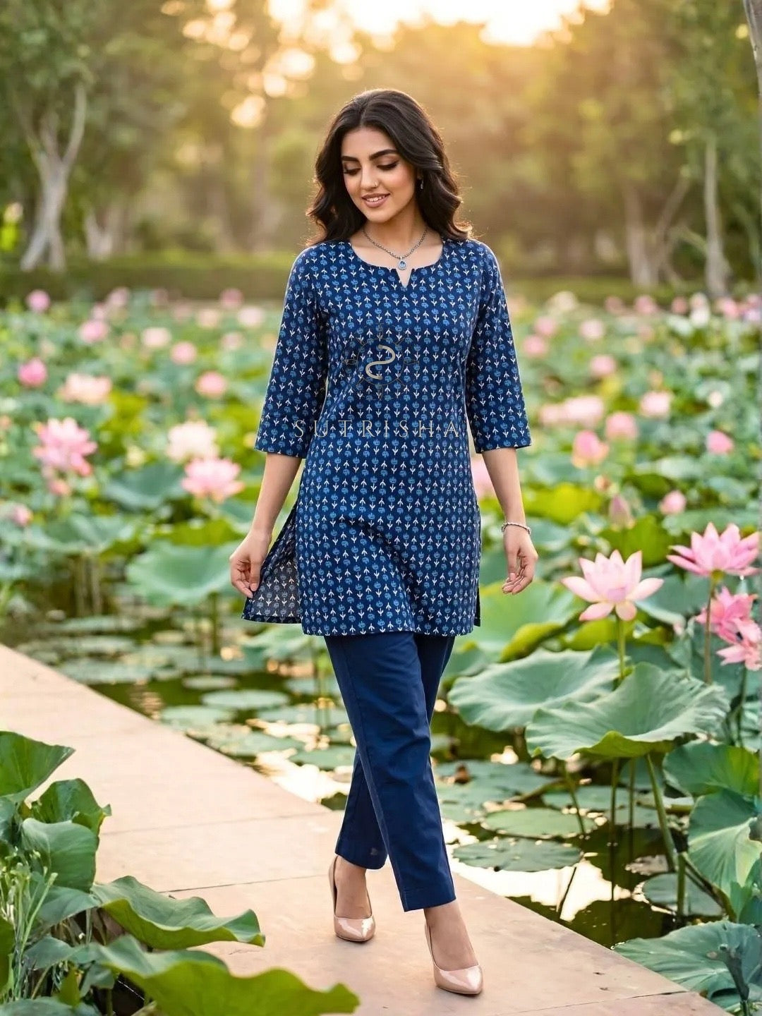 Navy Blue Printed Cotton Kurti