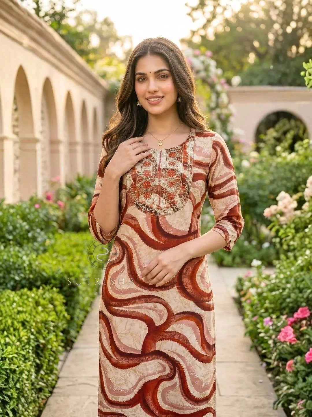 Abstract Print Rayon Kurti with Resham Embroidery