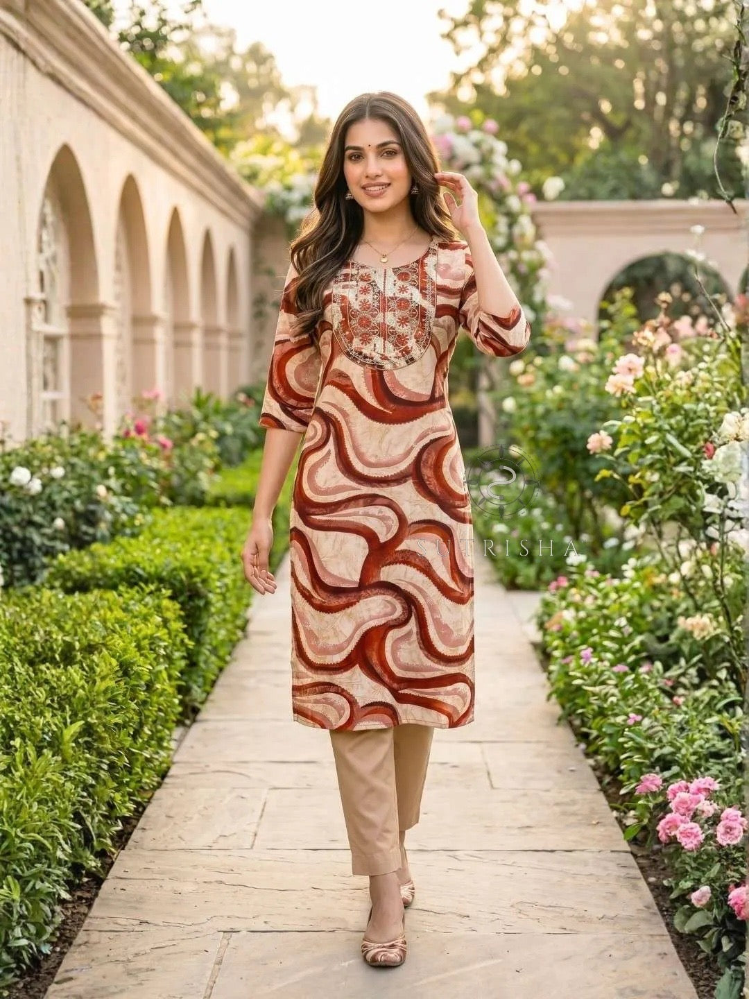Abstract Print Rayon Kurti with Resham Embroidery