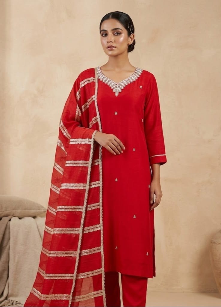 Red Silk Handwork Kurta Set with Dupatta
