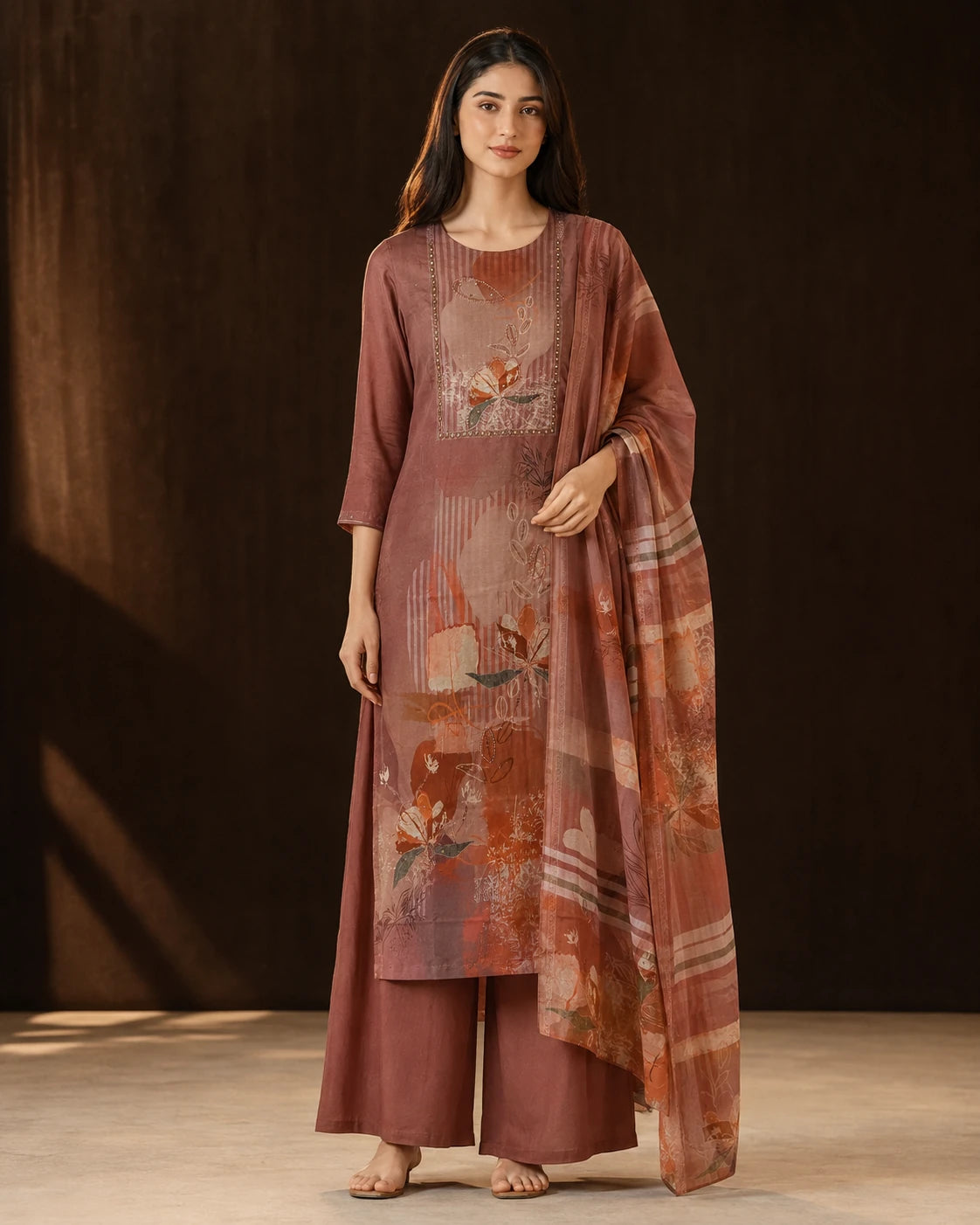 Clay Rosewood Muslin Abstract Print Suit Set