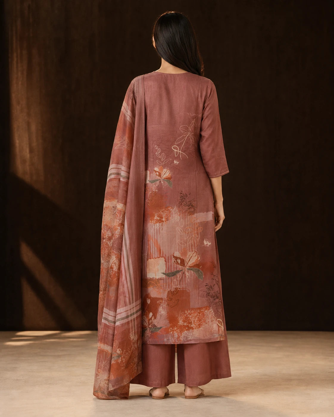 Clay Rosewood Muslin Abstract Print Suit Set