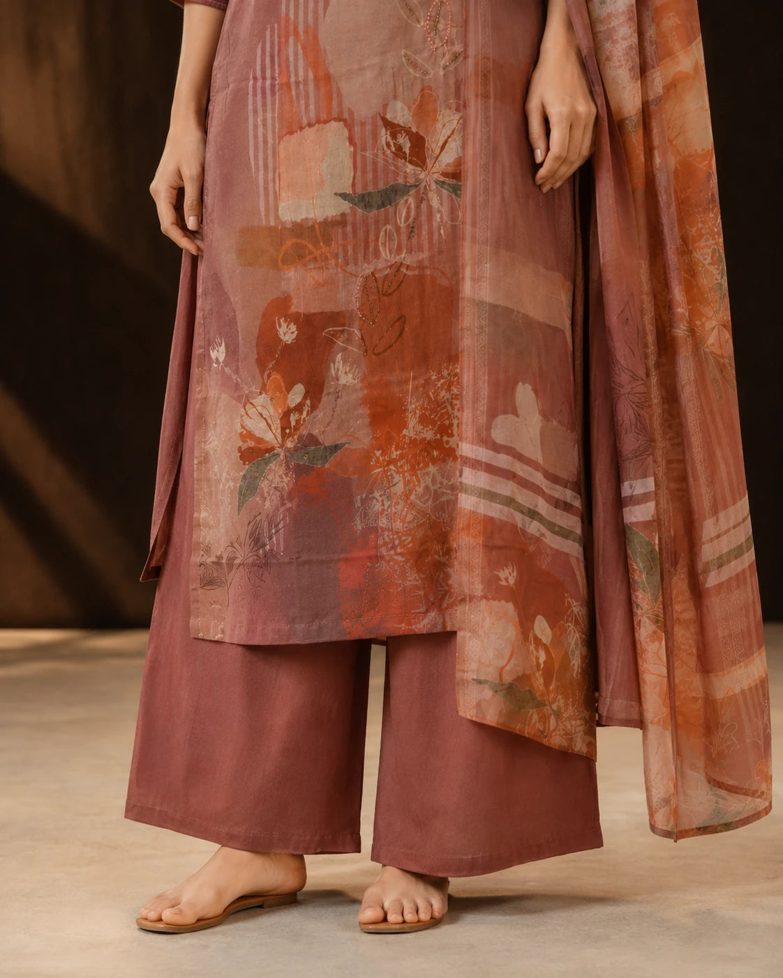 Clay Rosewood Muslin Abstract Print Suit Set
