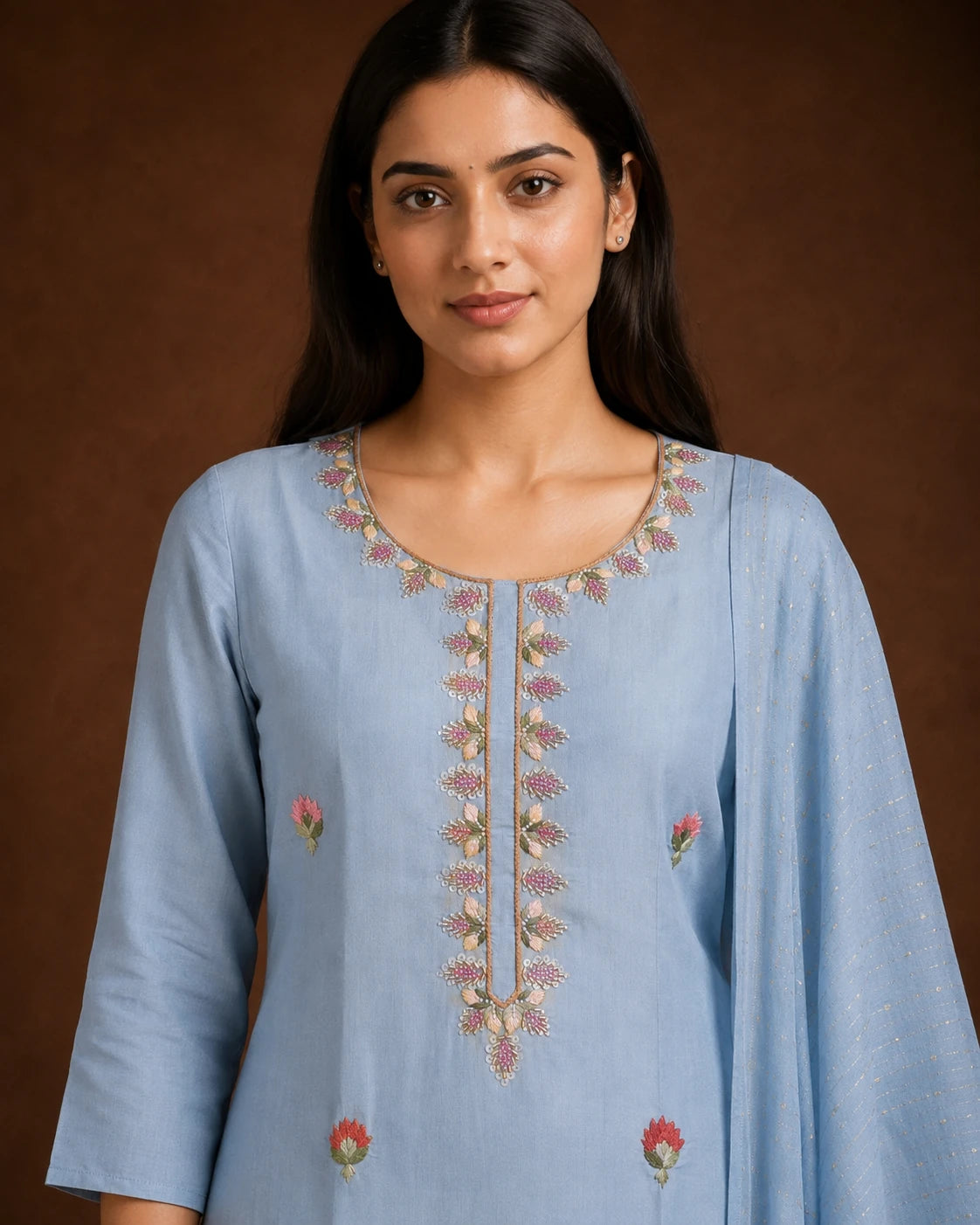 A woman wearing a light blue embroidered kurta with floral detailing around the neckline and on the front, photographed against a warm brown studio background.