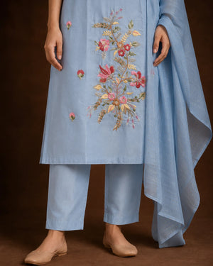 A model wearing a light blue traditional outfit with floral embroidery on the front, matching pants, and a draped dupatta, photographed against a dark brown studio background.