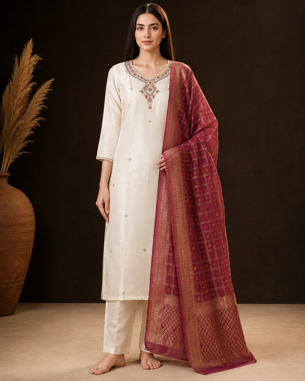 A woman models a traditional Indian outfit consisting of an off-white kurta with an embroidered neckline, matching off-white trousers, and a deep pink dupatta with gold geometric patterns, set against a dark brown background.