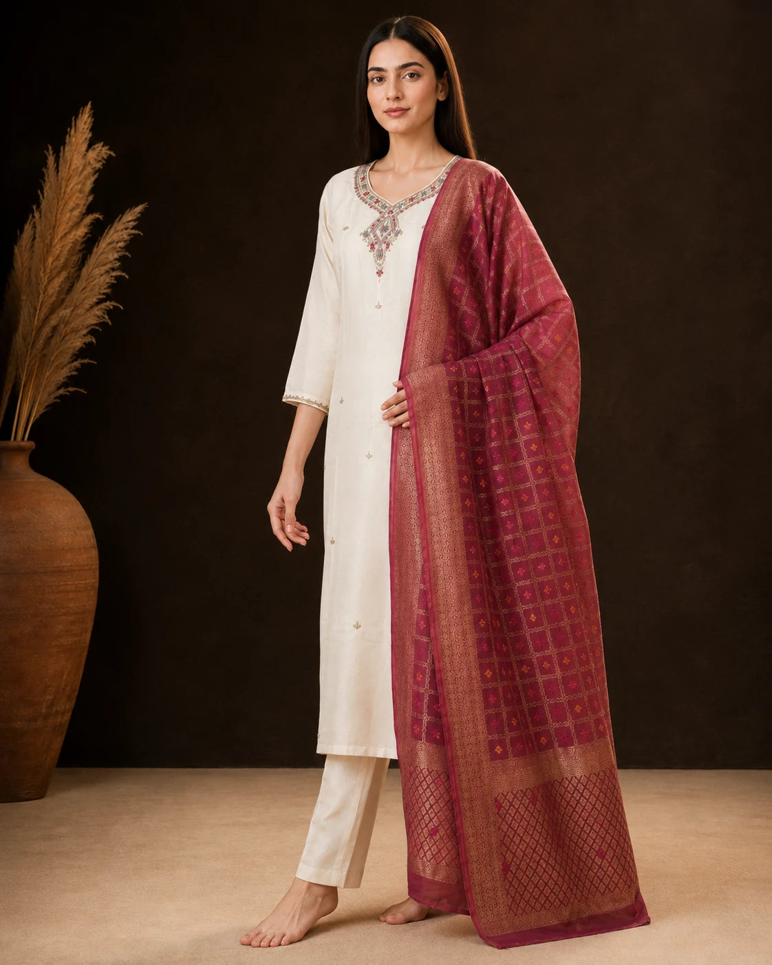 A woman models a traditional South Asian outfit consisting of an off-white kurta with silver embroidery, matching off-white trousers, and a deep magenta dupatta with gold geometric patterns, set against a dark brown background with a decorative vase.