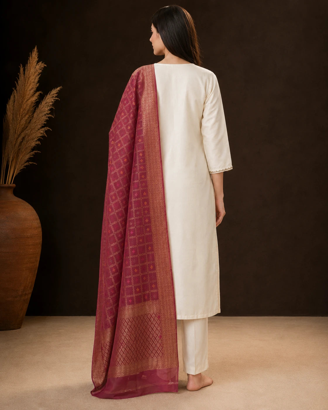 A woman stands barefoot with her back to the camera wearing a cream-colored kurta and white pants, with a deep pink patterned dupatta draped over her shoulder, set against a dark brown background with a decorative vase of pampas grass on the left.