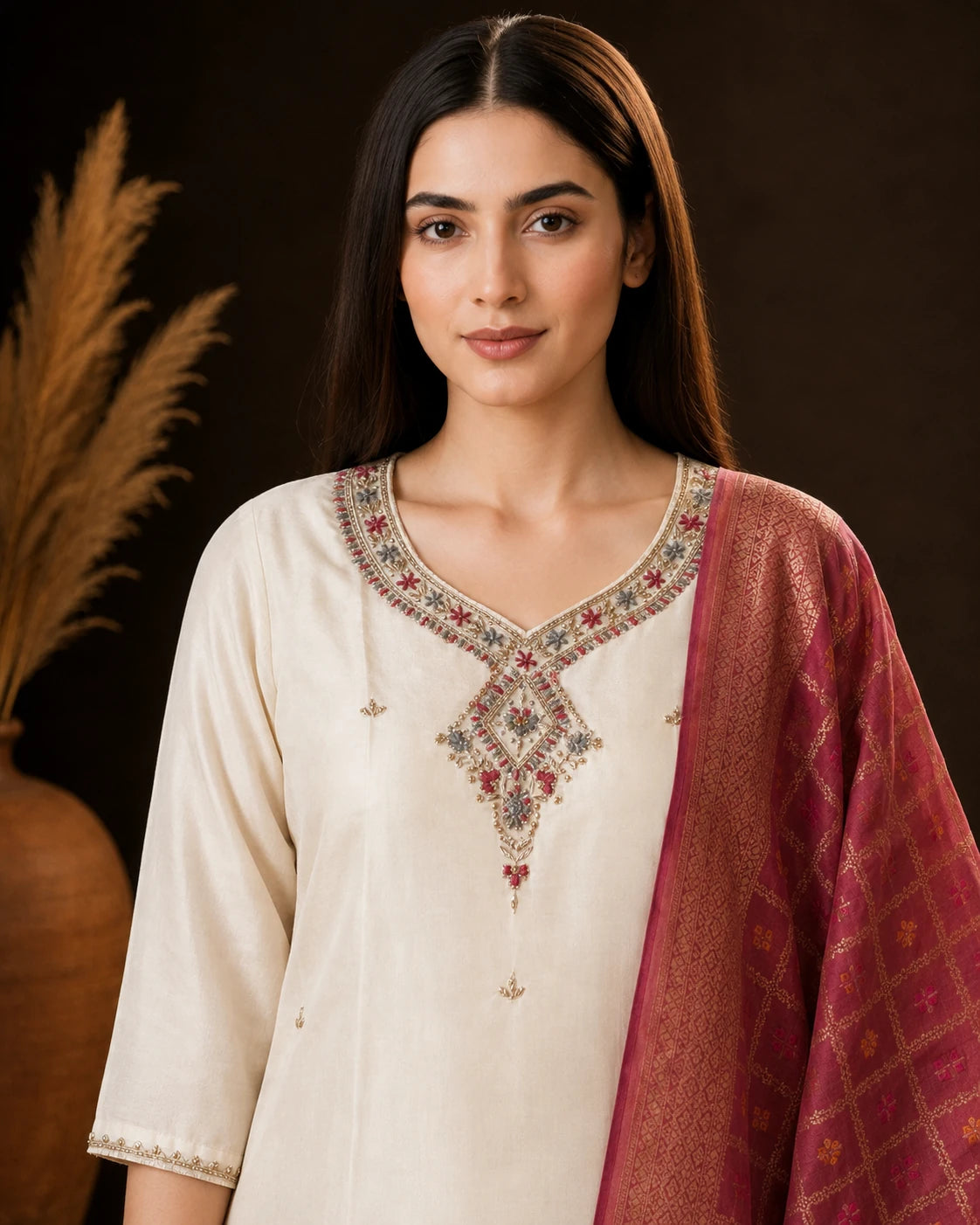 A woman modeling a cream-colored traditional kurta with intricate multicolor embroidery around the neckline, paired with a deep pink patterned dupatta, set against a dark brown background with dried pampas grass.