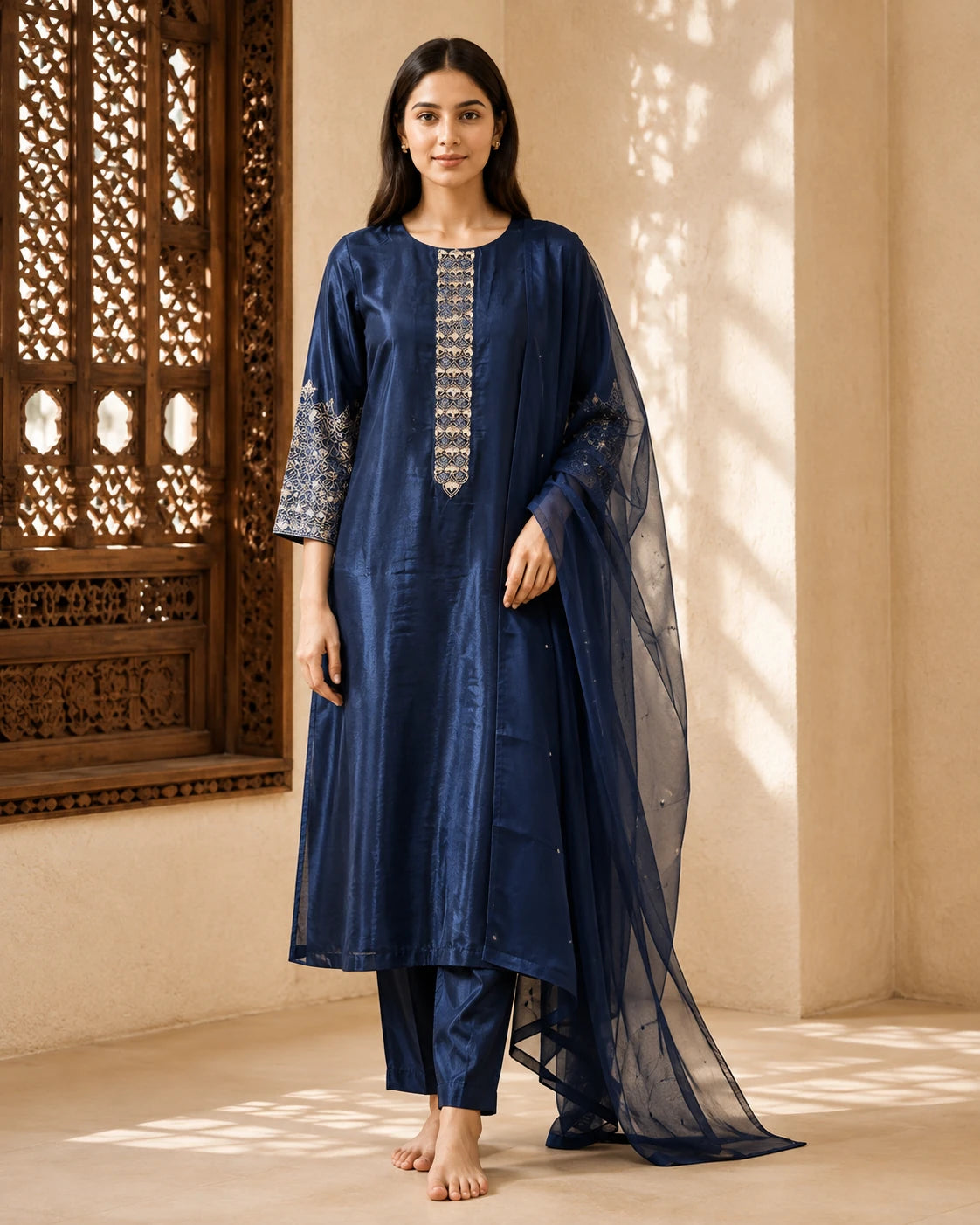 Navy Blue Embroidered Suit Set with Dupatta