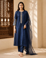Navy Blue Embroidered Suit Set with Dupatta