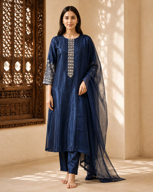 Navy Blue Embroidered Suit Set with Dupatta