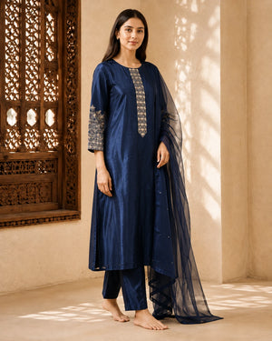 Navy Blue Embroidered Suit Set with Dupatta