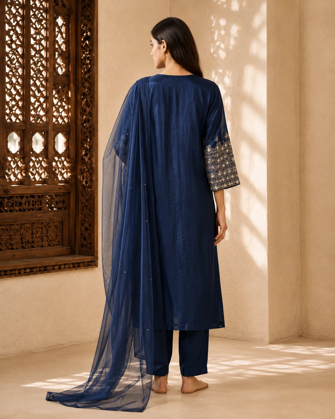 Navy Blue Embroidered Suit Set with Dupatta