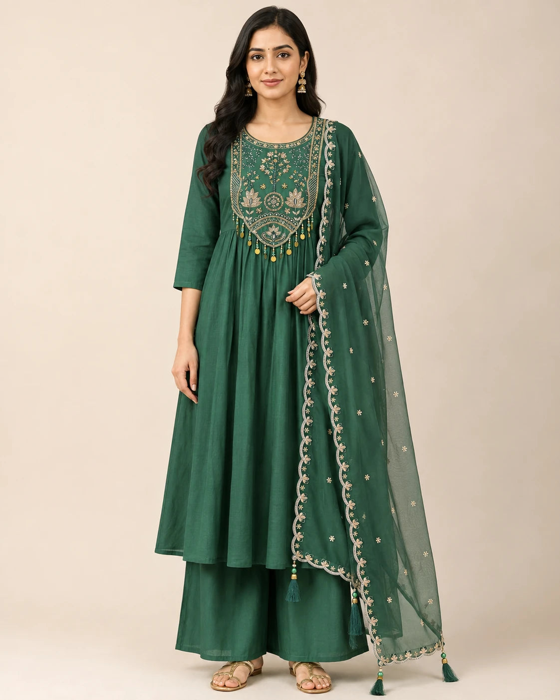Bottle Green Mal Chanderi Hand Work Kurta Set