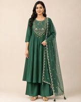 Bottle Green Mal Chanderi Hand Work Kurta Set