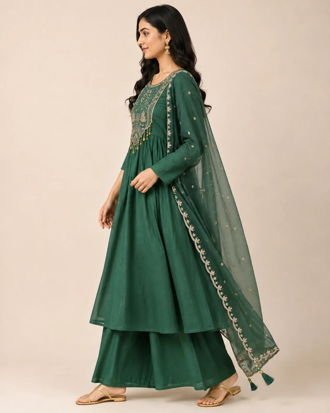 Bottle Green Mal Chanderi Hand Work Kurta Set